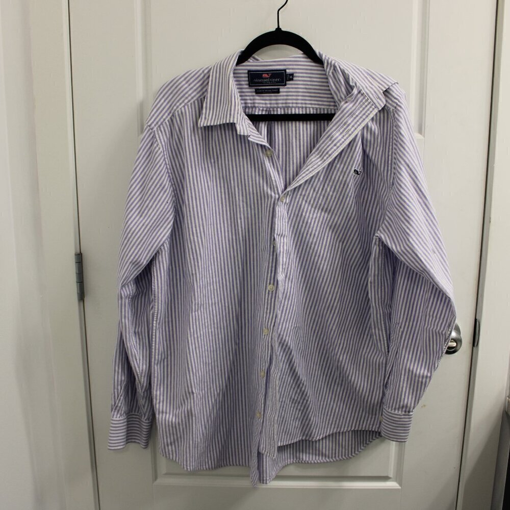 Vineyard Vines Slim Fit Whale Shirt Long‎ Sleeve Button XL Purple/White Stripe